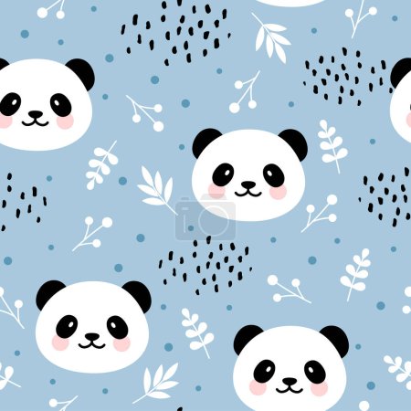 Illustration for Cute panda seamless pattern, hand drawn blue forest background with plants and dots, vector illustration - Royalty Free Image