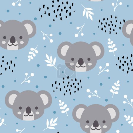 Téléchargez les illustrations : Mignon motif koalas sans couture, fond de forêt dessiné à la main avec des plantes et des points, illustration vectorielle - en licence libre de droit