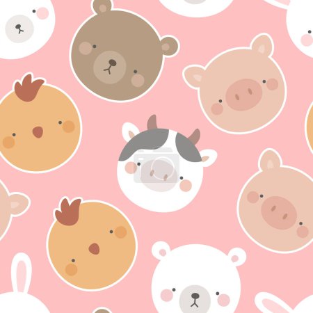 Illustration for Cute animals seamless pattern, pink background with adorable farm animals vector illustration - Royalty Free Image