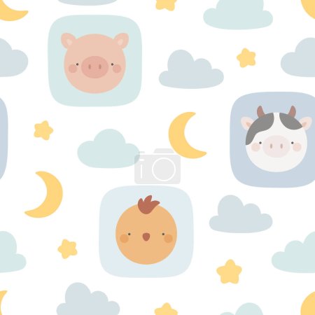 Illustration for Cute animals seamless pattern, abstract hand drawn background with adorable farm animals vector illustration - Royalty Free Image