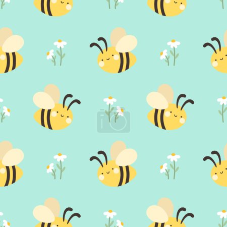 Téléchargez les illustrations : Motif sans couture avec mignon dessin animé abeilles kawaii, Fond d'illustration vectoriel floral dessiné à la main - en licence libre de droit