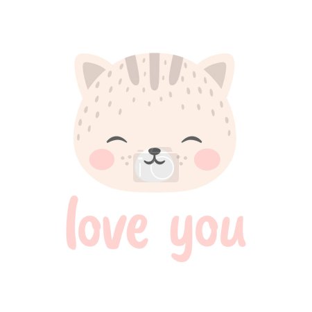 Téléchargez les illustrations : Love You Cute Cat Caractère vectoriel Design, carte de vœux, invitation avec chat, carte de vœux, affiche, avec mignon, doux fond d'aquarelle dessiné à la main - en licence libre de droit