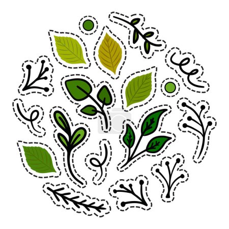 Téléchargez les illustrations : Branches d'arbres dessinées à la main avec des fleurs et des feuilles sur fond blanc, Illustration vectorielle - en licence libre de droit