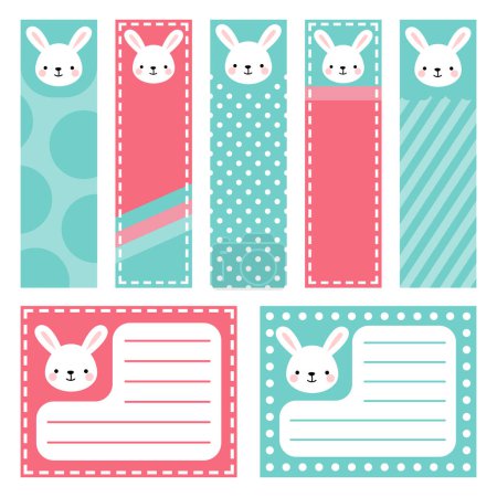 Illustration for Cute Rabbit Note Stickers, Note Papers and Stickers Set with Vector Funny Animals Illustration Vector, Template for Greeting Scrapbook, Stickers Set for Organizer - Royalty Free Image