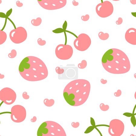 Ilustración de Patrón de cerezas y fresas, fondo sin costuras de dibujos animados lindo corazón fruta, ilustración vectorial - Imagen libre de derechos
