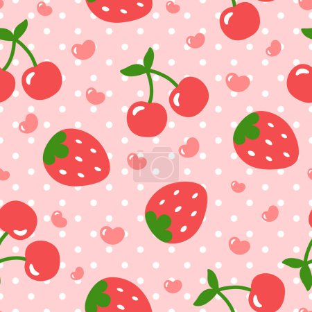 Ilustración de Patrón de cerezas y fresas, lindo corazón fruta dibujos animados fondo sin costuras con puntos, Vector ilustración - Imagen libre de derechos