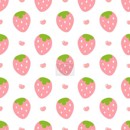 Téléchargez les illustrations : Modèle de fraises, fond sans couture dessin animé de fruits mignon avec des coeurs, illustration vectorielle - en licence libre de droit