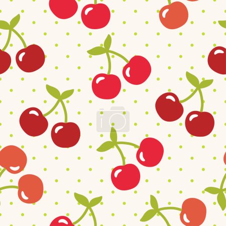 Illustration for Cherries pattern, cute cartoon seamless background with dots, Vector illustration - Royalty Free Image