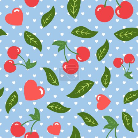 Illustration for Cherries pattern, cute fruit cartoon seamless background with hearts, Vector illustration - Royalty Free Image