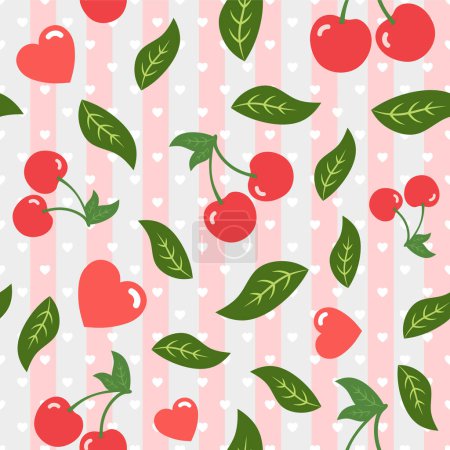 Ilustración de Patrón de cerezas, lindo fondo sin costuras de dibujos animados de frutas con corazones, ilustración vectorial - Imagen libre de derechos