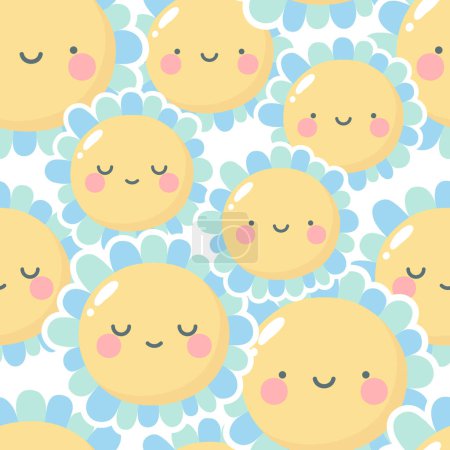 Illustration for Flowers cute pattern, smile flower faces cartoon seamless background, vector illustration - Royalty Free Image