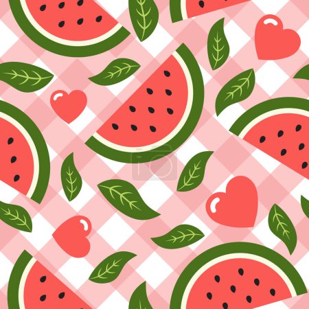 Illustration for Watermelon Seamless Pattern with Hearts and Leaves - Royalty Free Image
