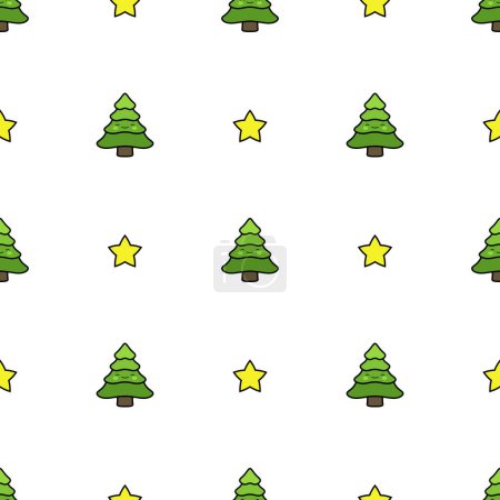 Téléchargez les illustrations : Arbres de Noël Motif sans couture avec des étoiles, fond de pins mignon, illustration vectorielle - en licence libre de droit