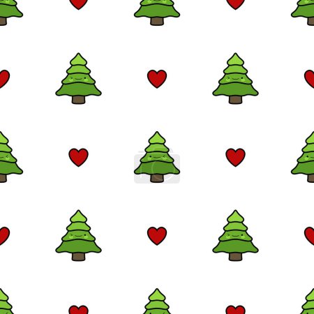 Ilustración de Árboles de Navidad patrón sin costura con corazones, lindos pinos fondo, ilustración vectorial - Imagen libre de derechos