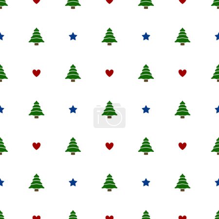 Illustration for Christmas Trees Seamless Pattern with Hearts and Stars, Cute Pine Tree Background, Vector illustration - Royalty Free Image