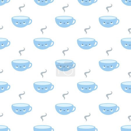 Téléchargez les illustrations : Tasses à café et thé mignon, Blue Cartoon sourire visages fond sans couture - en licence libre de droit
