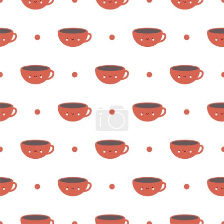 Téléchargez les illustrations : Tasses à café et thé mignon, Visages de sourire de bande dessinée rouge fond sans couture - en licence libre de droit