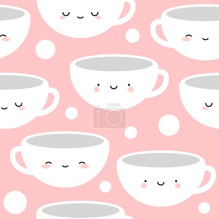 Téléchargez les illustrations : Tasses à café et thé mignon, Visages de sourire de bande dessinée fond rose sans couture - en licence libre de droit