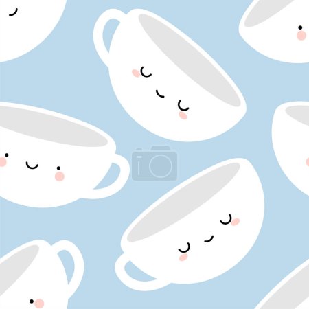 Illustration for Cute Coffee and Tea Cups, Cartoon Smile Faces Seamless Blue Pattern Background - Royalty Free Image