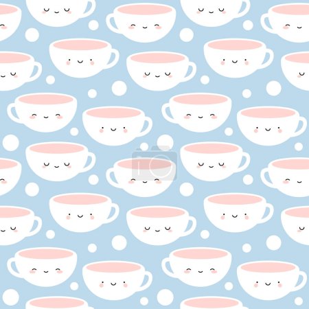 Téléchargez les illustrations : Tasses à café et thé mignon, Visages de sourire de bande dessinée fond bleu sans couture - en licence libre de droit