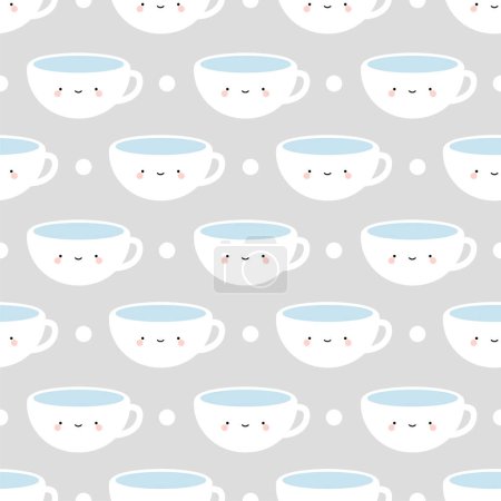 Téléchargez les illustrations : Tasses à café et thé mignon, Visages de sourire de bande dessinée fond gris sans couture - en licence libre de droit