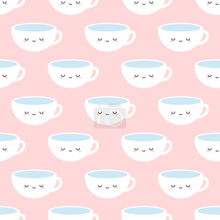 Ilustración de Café lindo y tazas de té, Caras de la sonrisa de dibujos animados sin costuras rosa patrón de fondo - Imagen libre de derechos