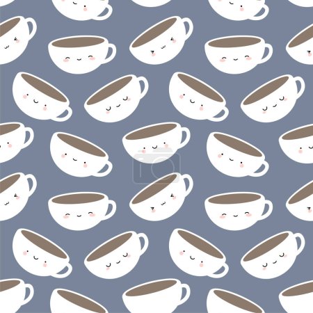 Téléchargez les illustrations : Tasses à café et thé mignon, Visages de sourire de bande dessinée fond gris sans couture - en licence libre de droit