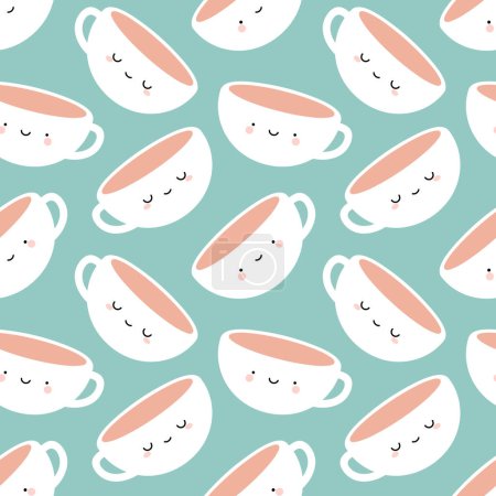 Téléchargez les illustrations : Tasses à café et thé mignon, Visages de sourire de bande dessinée fond vert sans couture - en licence libre de droit