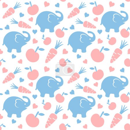 Illustration for Elephant Seamless Pattern Background with Carrots, Apples and Hearts, Vector illustration - Royalty Free Image