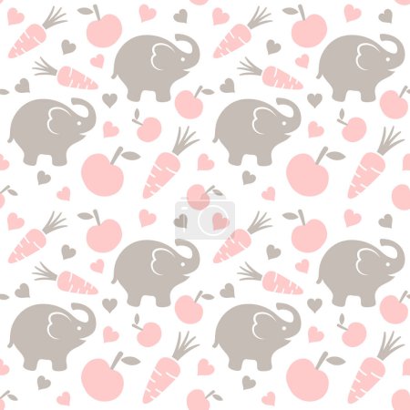 Téléchargez les illustrations : Fond de motif sans couture éléphant avec carottes, pommes et coeurs, illustration vectorielle - en licence libre de droit