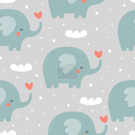 Téléchargez les illustrations : Modèle sans couture avec des éléphants Nuages et coeurs - en licence libre de droit