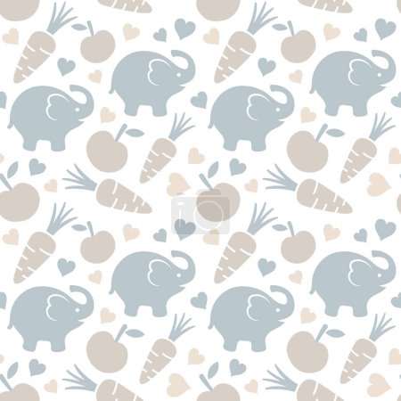 Téléchargez les illustrations : Fond de motif sans couture éléphant avec carottes, pommes et coeurs, illustration vectorielle - en licence libre de droit