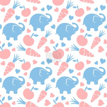 Ilustración de Fondo de patrón sin costura elefante con zanahorias, manzanas y corazones, ilustración vectorial - Imagen libre de derechos