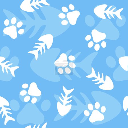 Fischgräten und tierische Pfoten Nahtlose Muster Hintergrund, Katze und Fisch Vektor Illustration