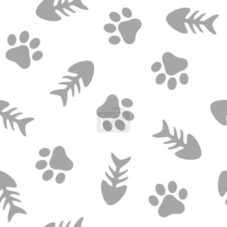 Arêtes de poisson et pattes d'animaux Modèle sans couture arrière-plan, illustration vectorielle de chat et de poisson