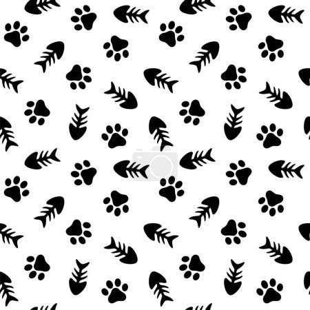 Illustration for Fishbones and Animal Paws Seamless Pattern Background, Cat and Fish Vector Illustration - Royalty Free Image