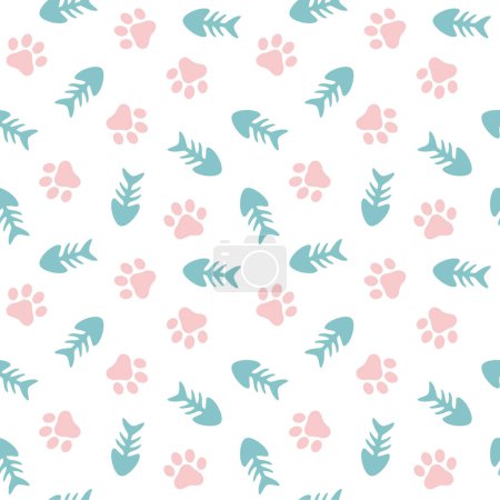 Illustration for Fishbones and Animal Paws Seamless Pattern Background, Cat and Fish Vector Illustration - Royalty Free Image
