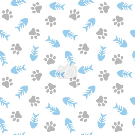 Fishbones and Animal Paws Seamless Pattern Background, Cat and Fish Vector Illustration