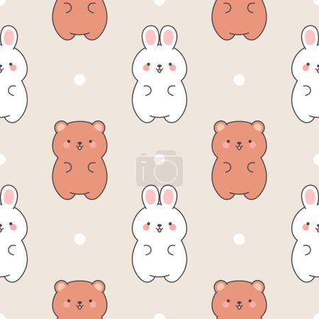Téléchargez les illustrations : Cute rabbits and teddy bears pattern, seamless background, hand drawn cartoon with heart, vector illustration - en licence libre de droit