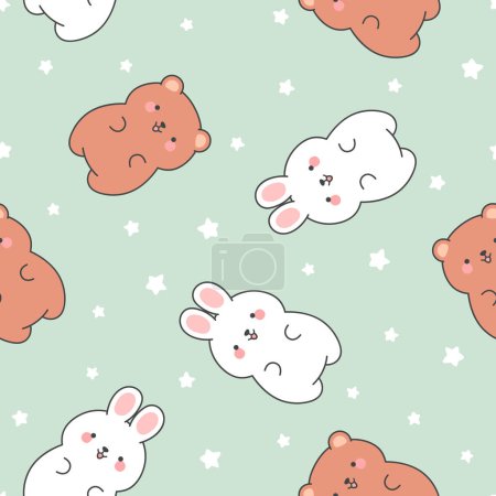 Illustration for Cute rabbits and teddy bears pattern, seamless background, hand drawn cartoon with heart, vector illustration - Royalty Free Image