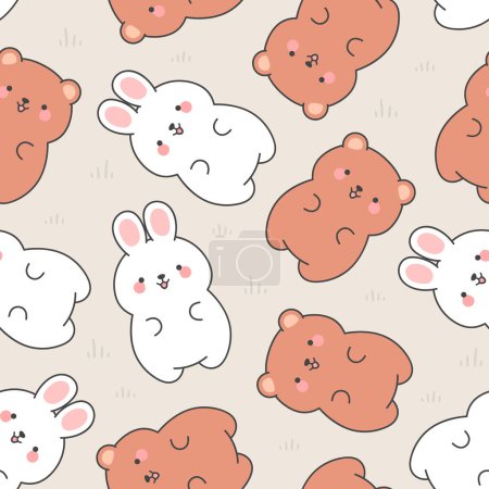 Ilustración de Cute rabbits and teddy bears pattern, seamless background, hand drawn cartoon with heart, vector illustration - Imagen libre de derechos