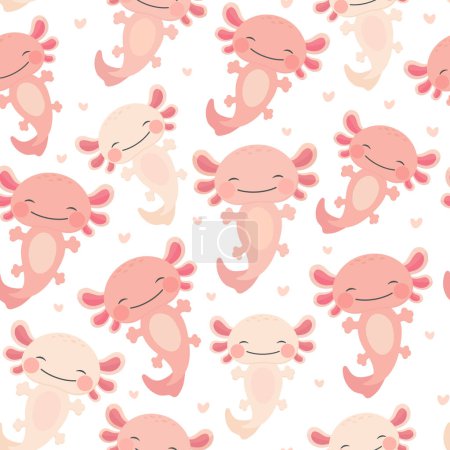 Téléchargez les illustrations : Modèle sans couture axolotl, fond bébé amphibien. animal mignon dessiné, vecteur illustration dessin animé - en licence libre de droit