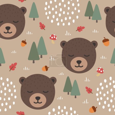 Illustration for Bear seamless pattern background, Sleepy cute bear in the woodland forest, Vector illustration - Royalty Free Image