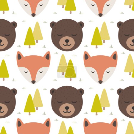 Ilustración de Oso y zorro sin costura patrón de fondo, adormecido oso lindo en el bosque, Vector ilustración - Imagen libre de derechos