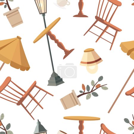 Illustration for Cafe seamless pattern, outdoor city cafe, coffeehouse with wooden table, chairs and potted plants, Street drinks or snacks cafeteria, Cartoon vector illustration - Royalty Free Image
