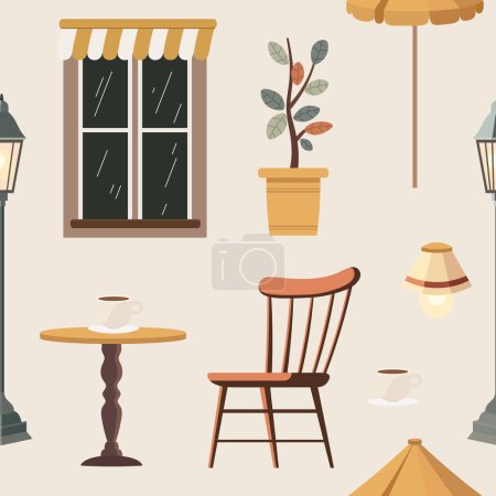 Illustration for Cafe seamless pattern, outdoor city cafe, coffeehouse with wooden table, chairs and potted plants, Street drinks or snacks cafeteria, Cartoon vector illustration - Royalty Free Image