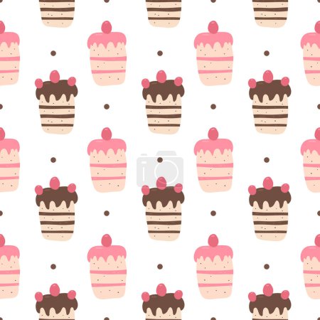 Téléchargez les illustrations : Gâteau au chocolat et à la fraise avec fond de motif sans couture cerise, illustration vectorielle de cupcake dessinée à la main - en licence libre de droit