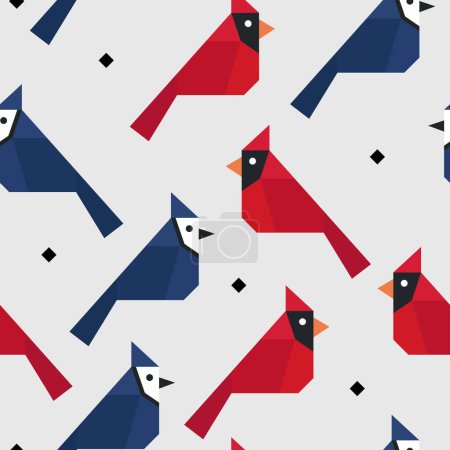 Téléchargez les illustrations : Cardinale rouge et geai bleu motif sans couture, fond vectoriel illustration - en licence libre de droit