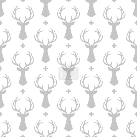 Téléchargez les illustrations : Fond motif renne sans couture, tête de cerf silhouette avec bois, fond scandinave moderne, style nordique - en licence libre de droit