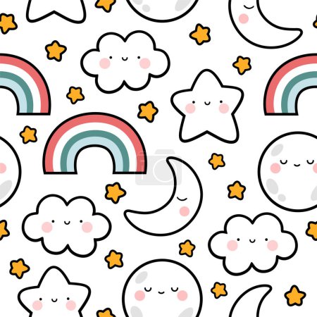 Illustration for Moons Clouds Rainbows and Stars Cute Seamless Pattern, Cartoon Vector Illustration, Nursery Background for Kid - Royalty Free Image